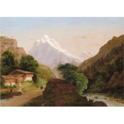 Telepy György (Kisléta, 1797 - Tardona, 1885) - Alpesi táj sétáló alakokkal, 1874