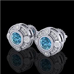 1.5 CTW Fancy Intense Blue Diamond Art Deco Stud Earrings 18K White Gold - REF-178X2T - 37698