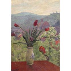 Ferenczy Valér (Körmöcbánya, 1885 - Budapest, 1954) - Tulipános csendélet városképpel