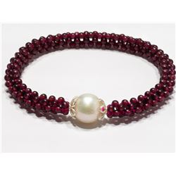 26) GARNET & CULTURED PEARL FLEXIBLE BRACELET