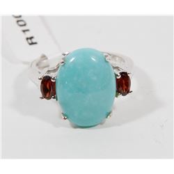 42) STERLING SILVER ARIZONA TURQUOISE GARNET RING
