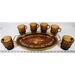 6 FIRE KING ANCHOR-HOCKING CUPS WITH TRAY.