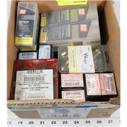 BOX OF ASSORTED FASTENERS INCLUDING STAPLES,