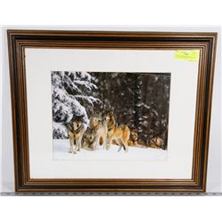 VINTAGE WOODFRAME WOLFS IN WILD PHOTO 24”X19