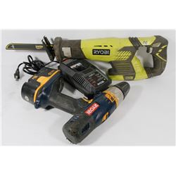 RYOBI 18V DRILL SAWZALL AND NEW GRASS TRIMMER