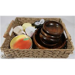 BASKET WITH WOOD BOWLS , APPLE PLATES, PARTYLITE