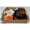 Image 1 : BASKET WITH WOOD BOWLS , APPLE PLATES, PARTYLITE