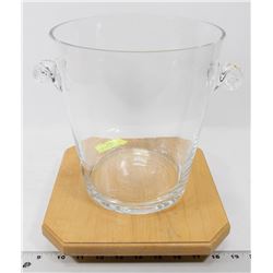 GLASS WINE/ICE BUCKET WITH WOOD LAZY SUSAN.