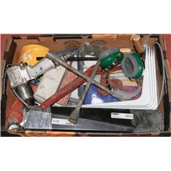 BOX OF SHOP SUPPLIES & TOOLS / WHEEL WRENCHES