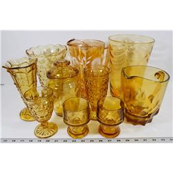 1) 1950 VINTAGE AMBER GLASSWARES INCL 3 LG VASES,