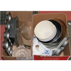 2 BOXES OF BAKING PANS, MUFFIN PANS, GLASS BAKE