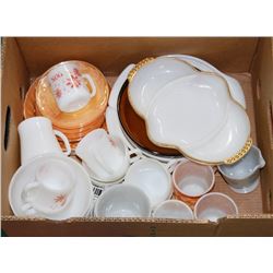 BOX OF VINTAGE FIRE KING CASSEROLES, CUPS, BOWLS,