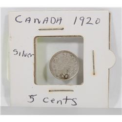 1920 CANADIAN SILVER 5 CENT COIN