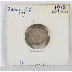 1918 CANADIAN SILVER 5 CENT COIN