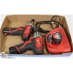 2 MILWAUKEE CORDLESS DRIVERS WITH 3 BATTERIES &