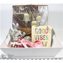 LOT WITH NEW 6PC CANDLE HOLDERS, 3 VANILLA SCENTED