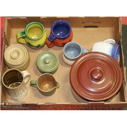 LOT OF VARIOUS POTTERY, COFFEE CUPS, GARLIC HOLDER
