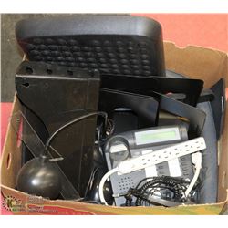 BOX OF OFFICE / DESK ITEMS - PLANTRONICS, MONITOR