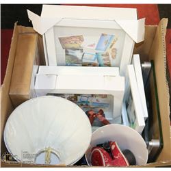 BOX W/ GLASS WEIGH SCALE, LAMP SHADES, NEW PICTURE
