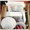 Image 1 : BOX W/ GLASS WEIGH SCALE, LAMP SHADES, NEW PICTURE