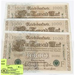 3 GERMAN UNCIRCULATED CONSECUTIVE 1910 BANKNOTES