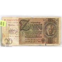 NAZI BANK NOTE 20 MARK STAMPED SS DIV. TOTENKOPT