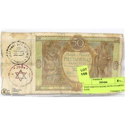 NAZI GHETTO BANK NOTE STAMPED JUDE.