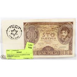 NAZI BANK NOTE STAMPED JUDE WARSAW GHETTO.