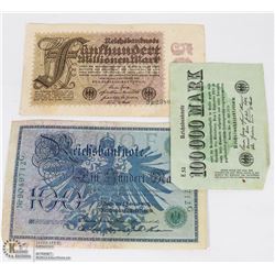 LOT OF 3 GERMAN WWI BANK NOTES - 500MARK 1923,