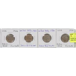 FOUR USA INDIAN HEAD NICKELS 1926-1934.