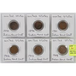 SIX USA INDIAN HEAD CENTS 1890-1908.