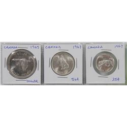 1967 SILVER DOLLAR, 50 CENT PC & 25 CENT PC.