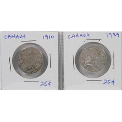 1910 & 1939 - 25 CENT PCS.   SILVER.