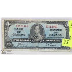 1937 CANADIAN $5 DOLLAR BILL