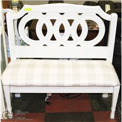 CHALKWARE BENCH WITH PADDED SEAT.