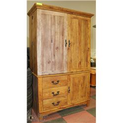 WOOD TONE TALL TV STAND WITH DRAWERS.