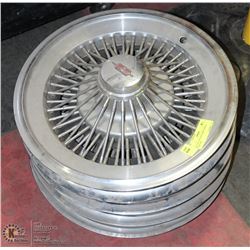 LOT OF 4 VINTAGE WIRE WHEEL HUBCAPS.