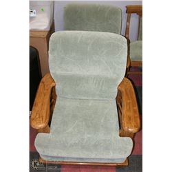 SET OF 2 GREEN FABRIC & WOOD 34" ARM CHAIRS.