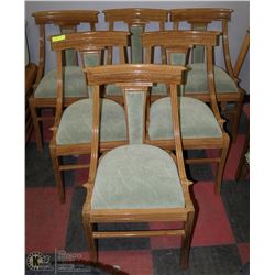 LOT OF 6 GREEN FABRIC & WOOD DINING CHAIRS.