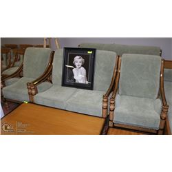 GREEN FABRIC & WOOD 65" SOFA, 48" LOVE SEAT &  2-