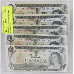 UNCIRCULATED 1973 CANADIAN $1.00 BILL  X5