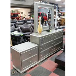 NEW SILVER TONE DRESSER WITH MIRROR AND NITE STAND