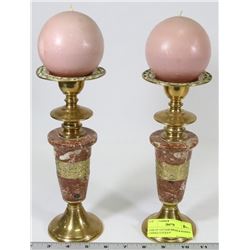 PAIR OF VINTAGE BRASS & MARBLE CANDLE STICKS 9"