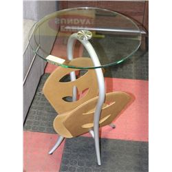 ROUND GLASS TOP SIDE TABLE 24" TALL 17" DIAMETER.