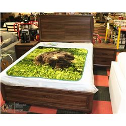NEW QUEEN SIZE WOOD TONE BEDFRAME WITH 2 MATCHING