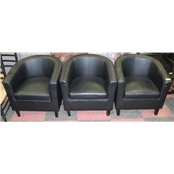 LOT OF 3 BLACK LEATHERETTE OFFICE ARM CHAIRS.