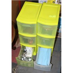 2 GREEN ORGANIZER BINS FILLED WITH CRAFTS & MISC.