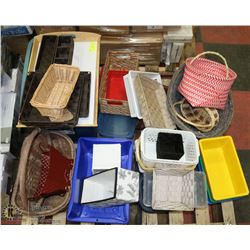 PALLET OF BASKETS, STORAGE BINS ETC.