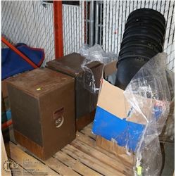 PALLET WITH SPEAKERS, 5 GALLON PAILS AND MORE
