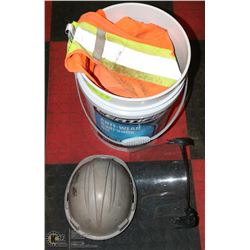 PAIL OF CONSTRUCTION SAFETY GEAR.